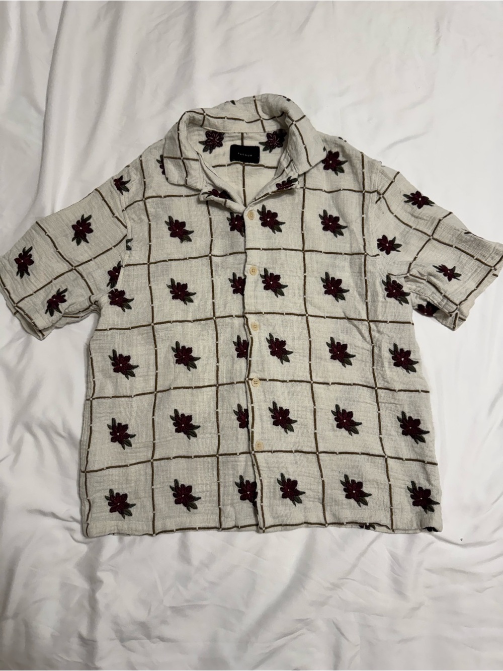 PacSun Cream Short Sleeve Button-Up with Burgundy Floral Grid